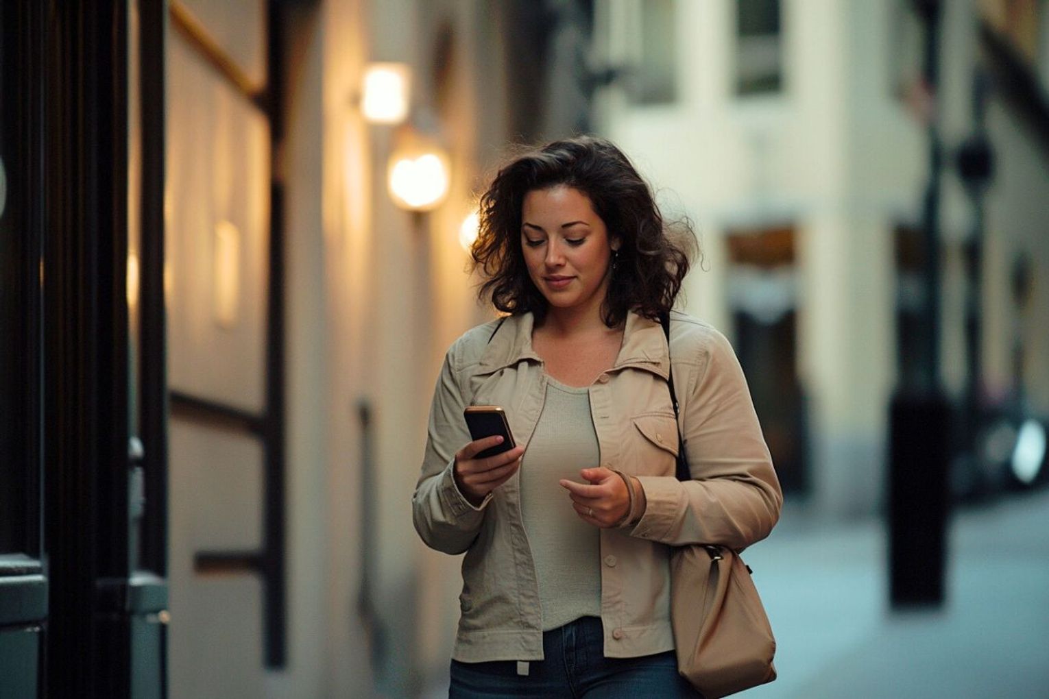 Woman walking in the streets with her phone